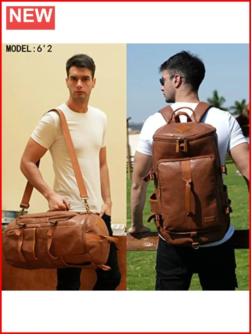 Vegan Leather Men Weekender Travel Duffel Tote Bag Backpack 3-Ways Convertible